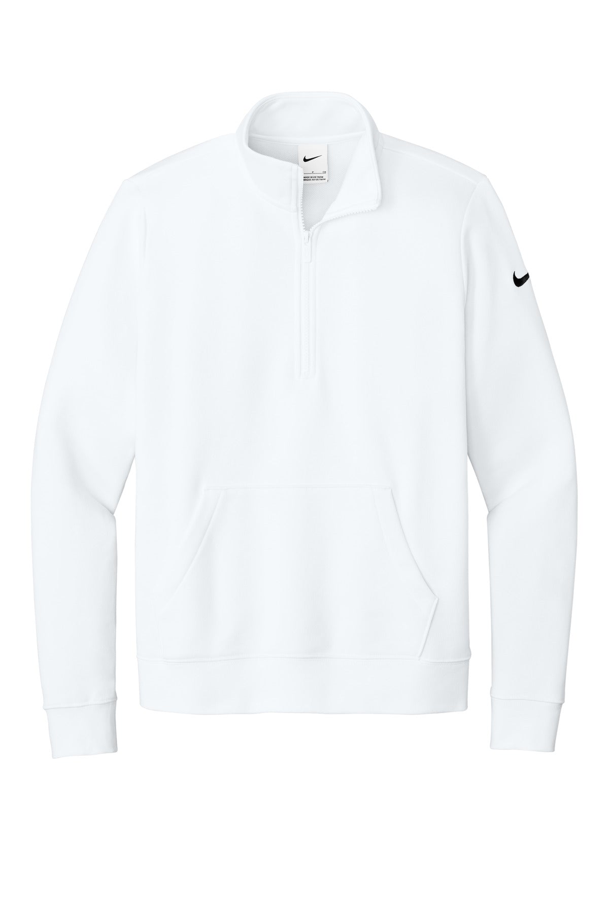 Front View of White Nike Women's Club Fleece Sleeve Swoosh 1/2-Zip NKDX6720 plain