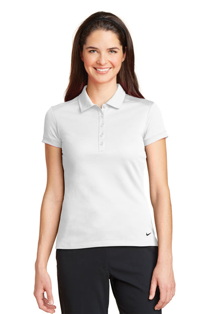 Front View of White Nike Women's Dri-FIT Solid Icon Pique Modern Fit Polo. 746100 plain