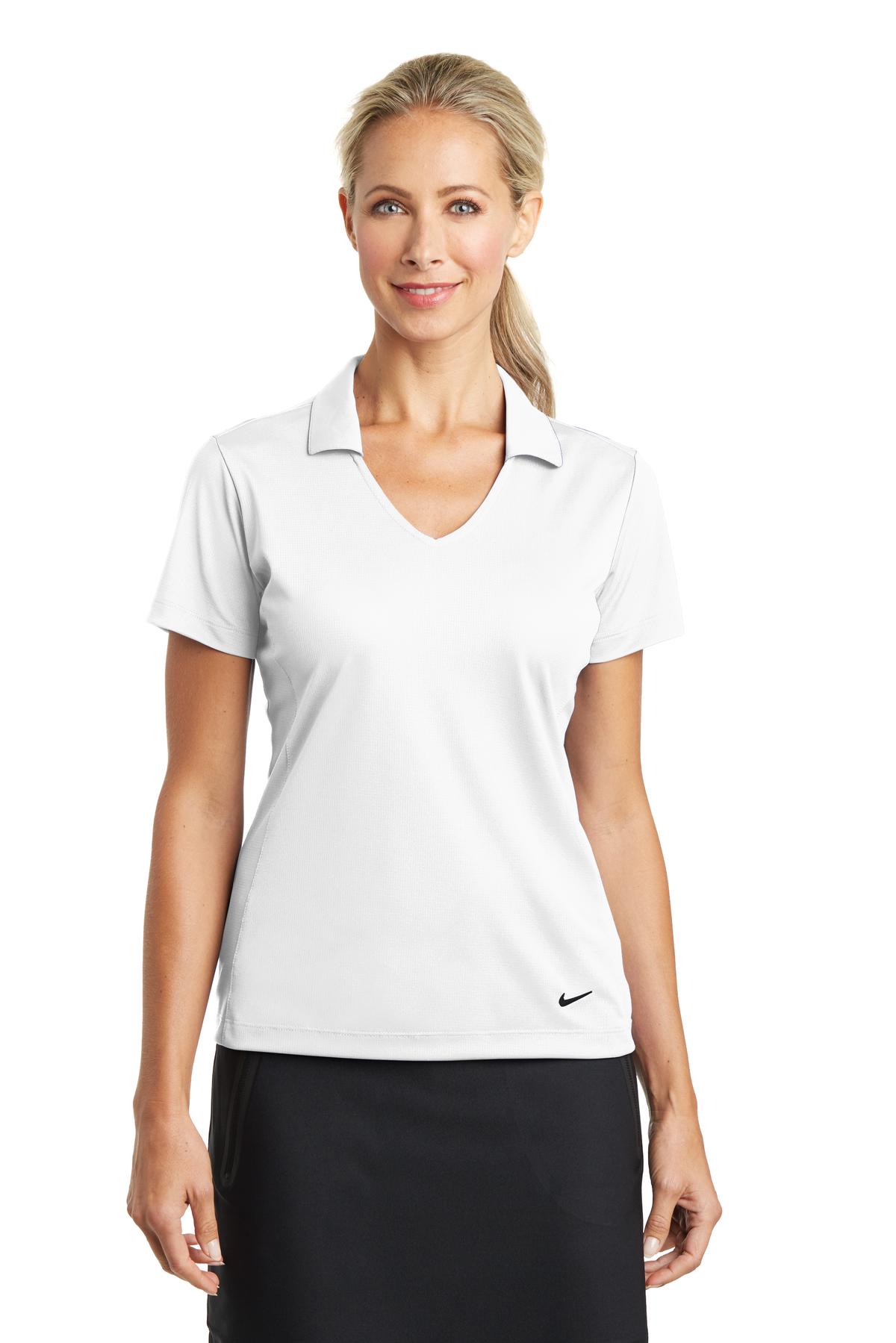 Front View of White Nike Women's Dri-FIT Vertical Mesh Polo. 637165 plain