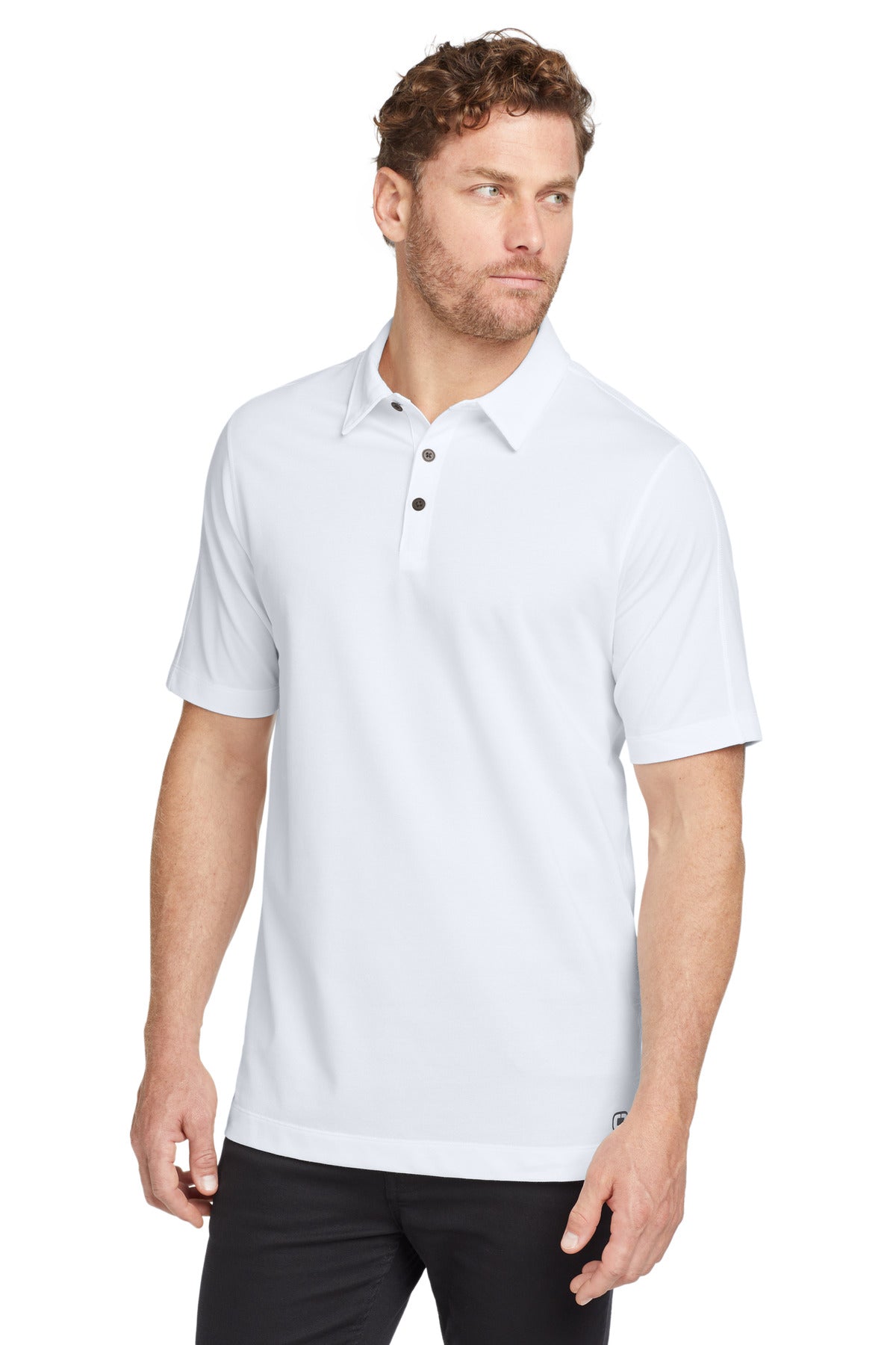 Front View of White OGIO Onyx Polo. OG126 plain