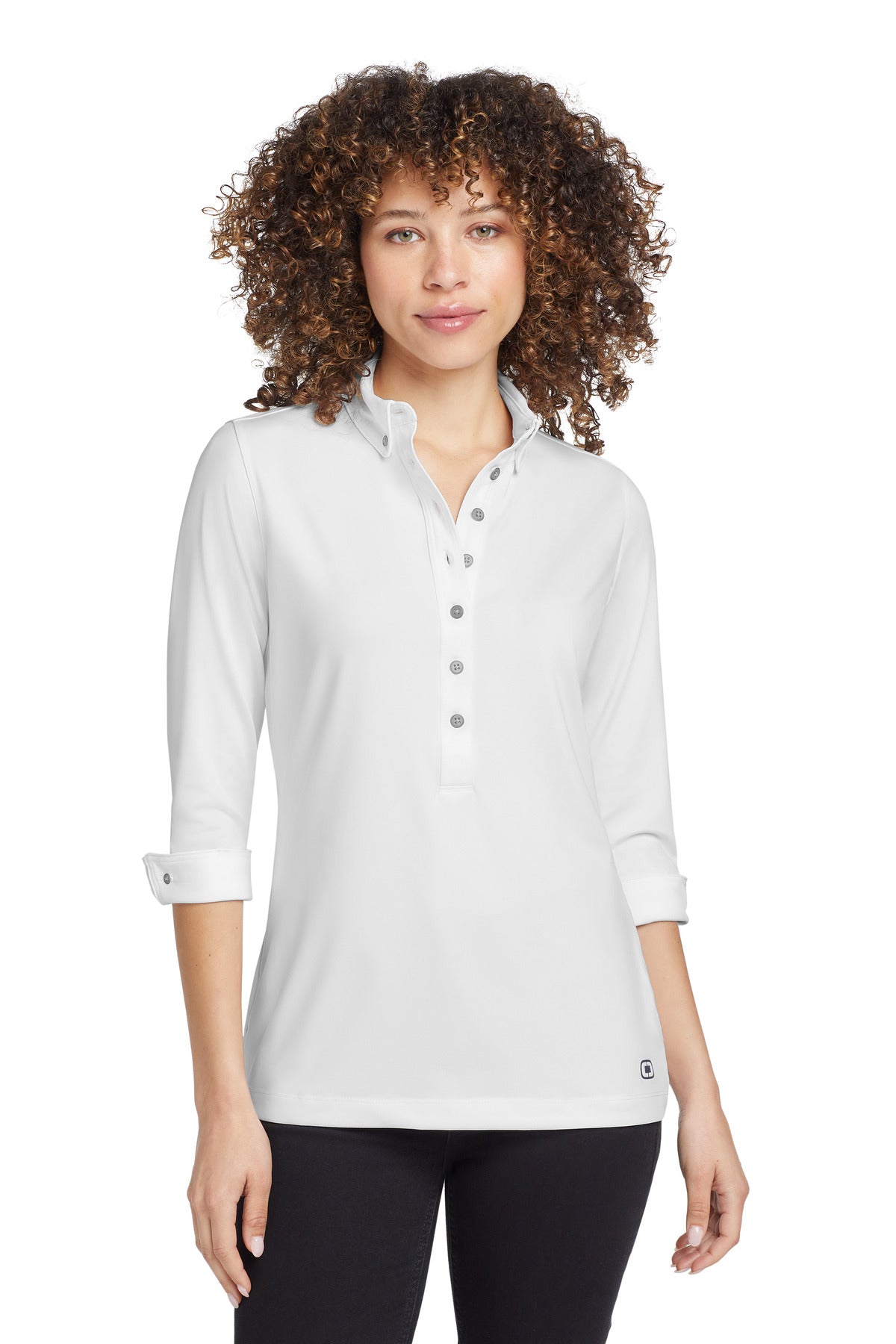Front View of White OGIO Women's Gauge Polo. LOG122 plain