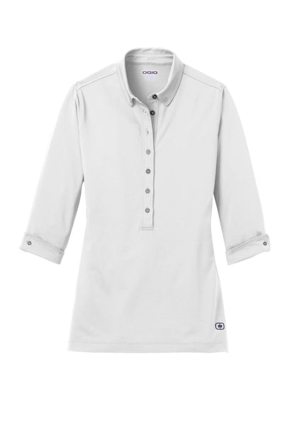 Front View of White OGIO Women's Gauge Polo. LOG122 plain