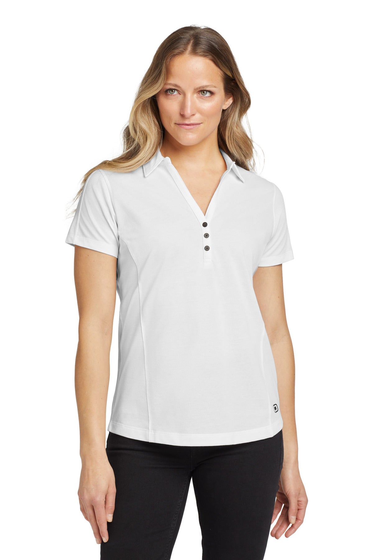 Front View of White OGIO Women's Onyx Polo. LOG126 plain