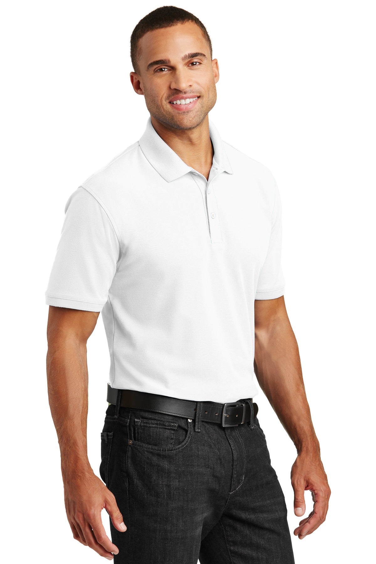 Front View of White Port Authority Core Classic Pique Polo. K100 plain