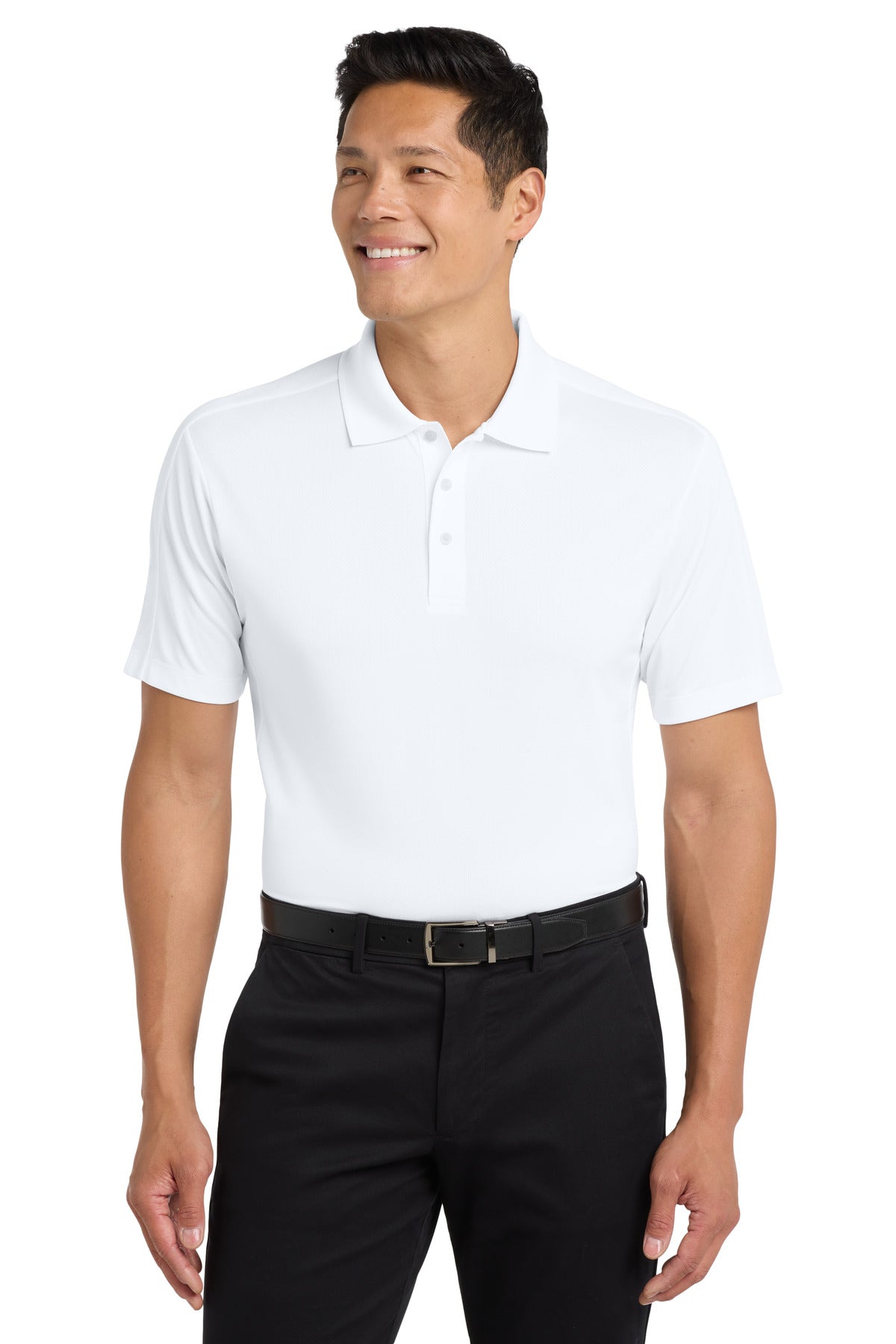 Front View of White Port Authority Diamond Jacquard Polo. K569 plain