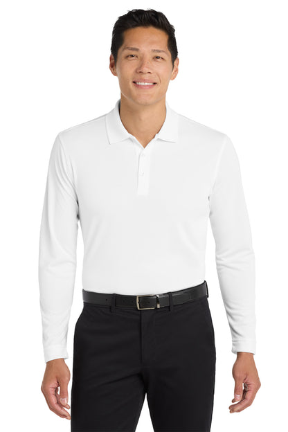 Front View of White Port Authority Dry Zone UV Micro-Mesh Long Sleeve Polo K110LS plain