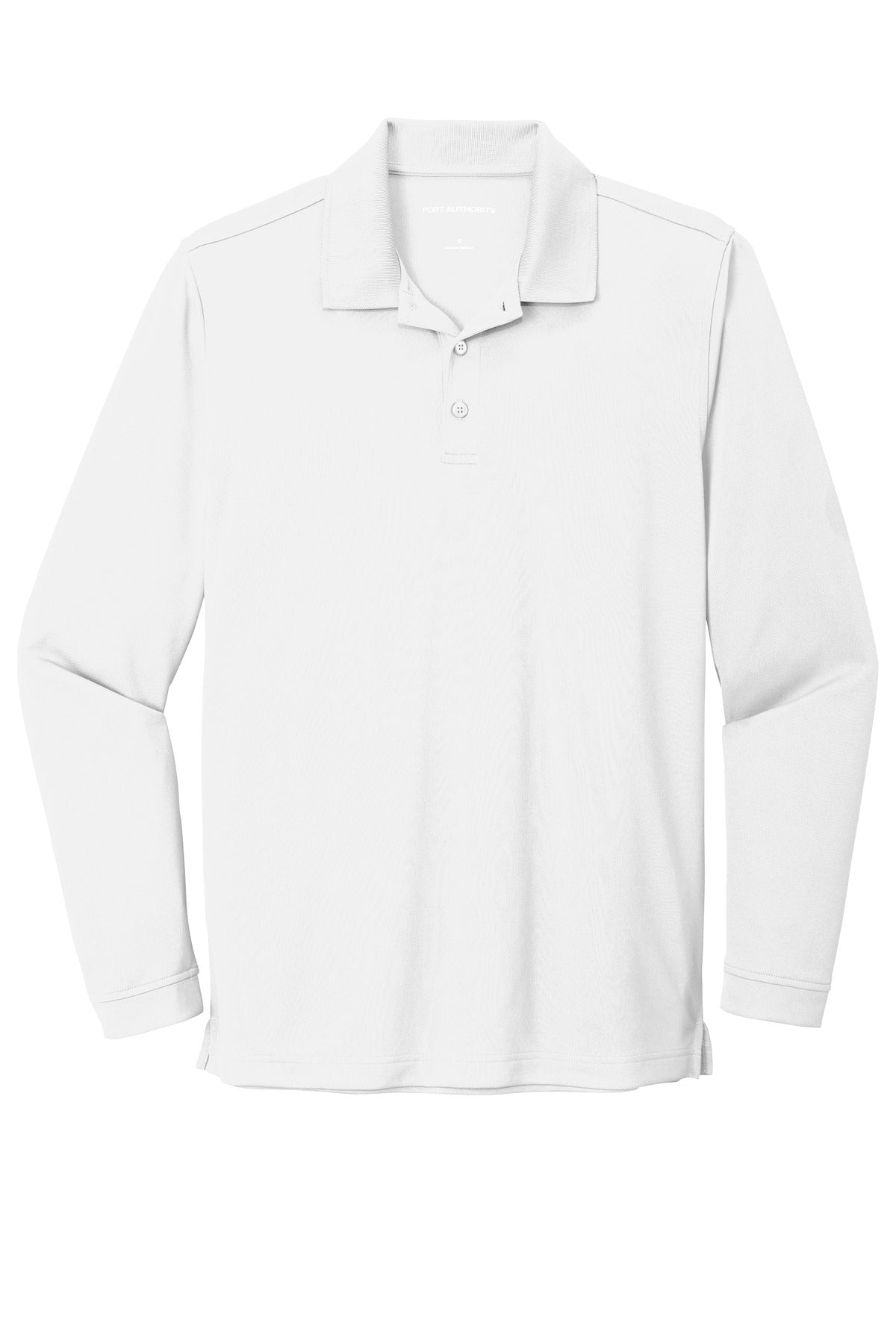 Front View of White Port Authority Dry Zone UV Micro-Mesh Long Sleeve Polo K110LS plain