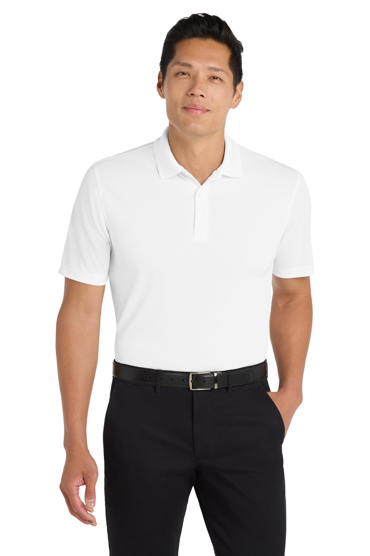 Front View of White Port Authority Dry Zone UV Micro-Mesh Polo. K110 plain