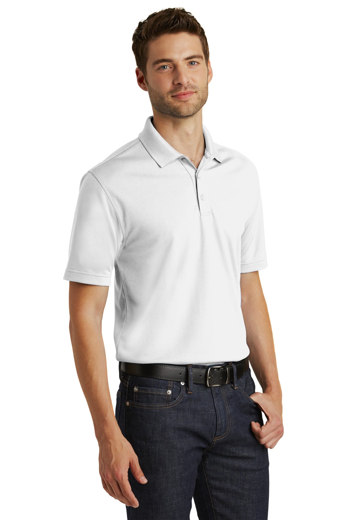 Front View of White Port Authority Dry Zone UV Micro-Mesh Polo. K110 plain