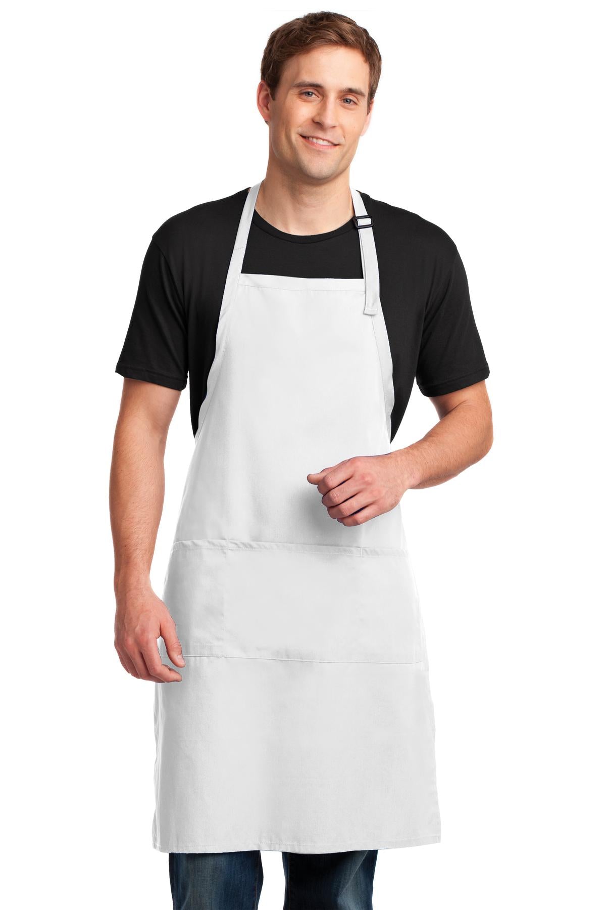 Front View of White Port Authority Easy Care Extra Long Bib Apron with Stain Release. A700 plain