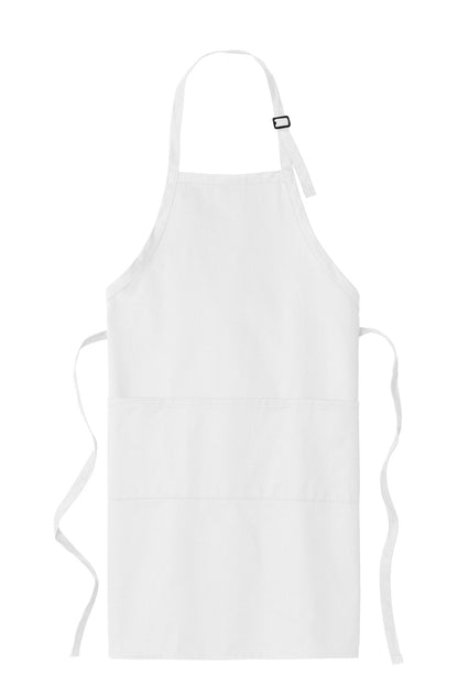 Front View of White Port Authority Easy Care Extra Long Bib Apron with Stain Release. A700