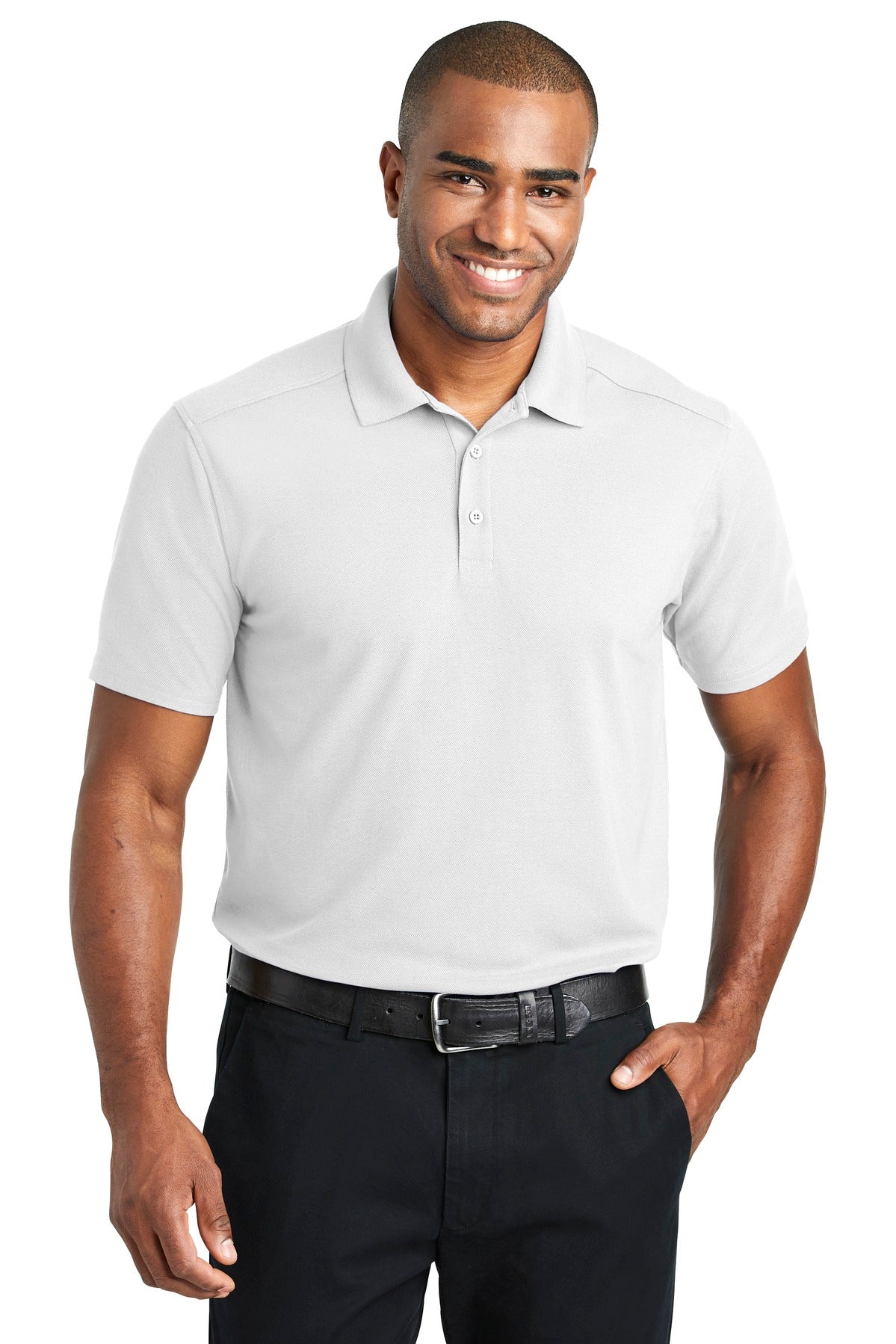 Front View of White Port Authority EZPerformance Pique Polo. K600 plain