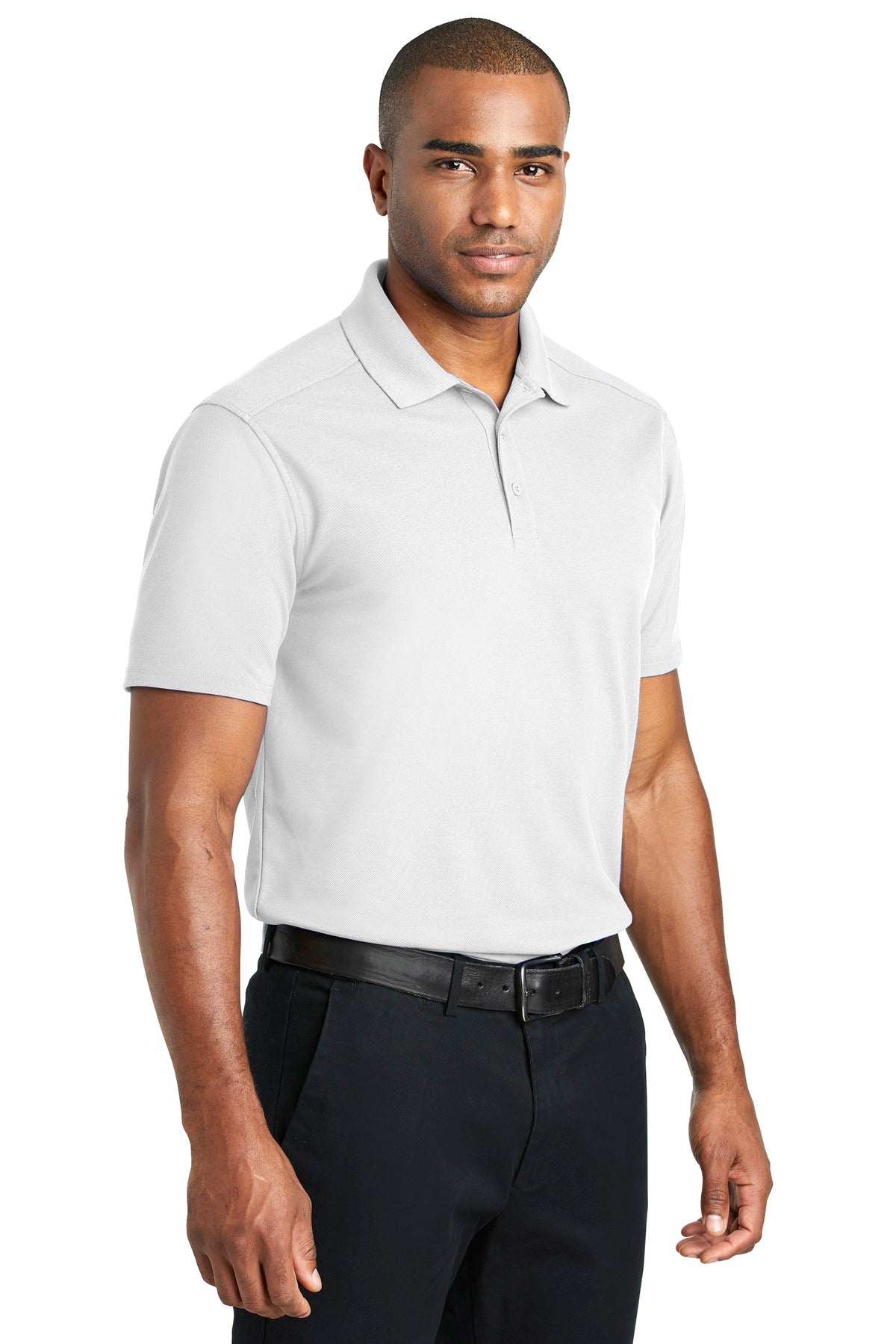Front View of White Port Authority EZPerformance Pique Polo. K600 plain