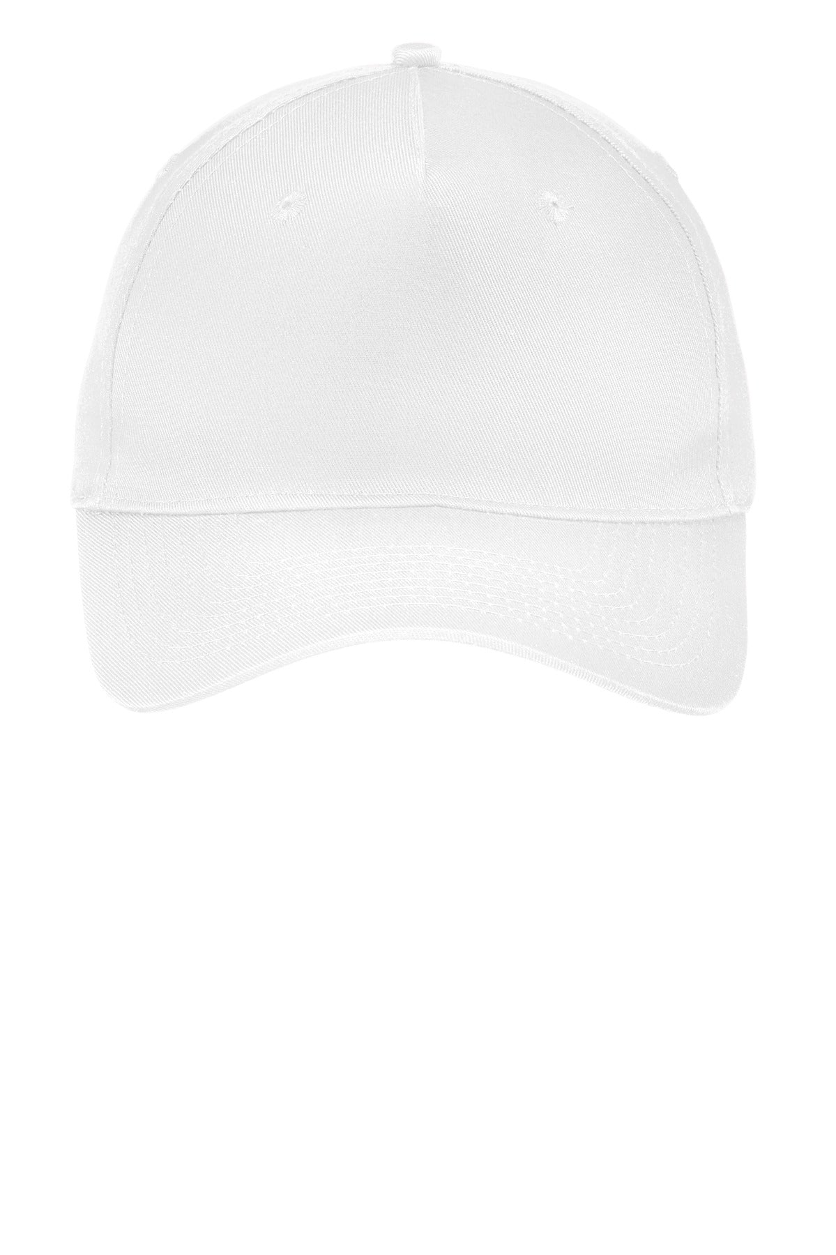 Front View of White Port Authority Five-Panel Twill Cap. CP86 plain