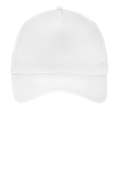 Front View of White Port Authority Five-Panel Twill Cap. CP86 plain