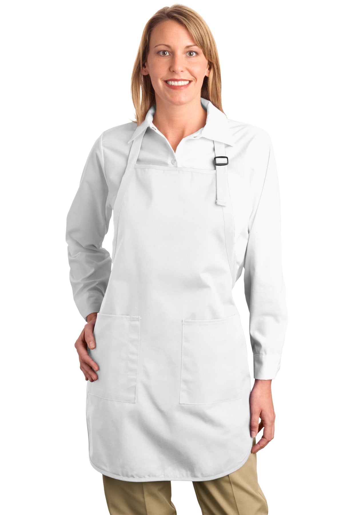 Front View of White Port Authority Full-Length Apron with Pockets. A500 plain