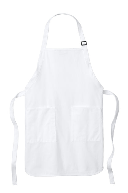 Front View of White Port Authority Full-Length Apron with Pockets. A500 plain