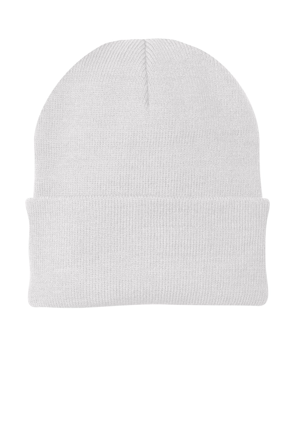 Front View of White Port Authority Knit Cap. CP90 plain