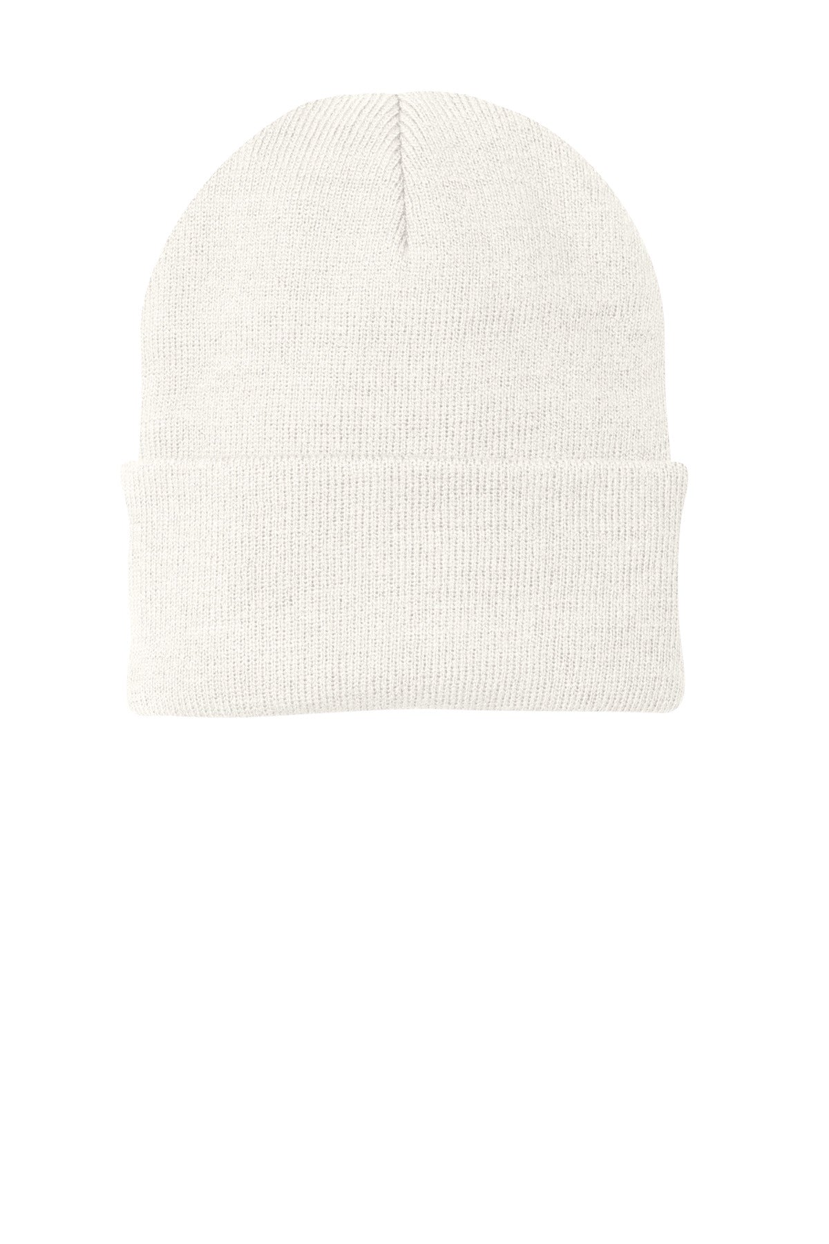 Front View of White Port Authority Knit Cap. CP90