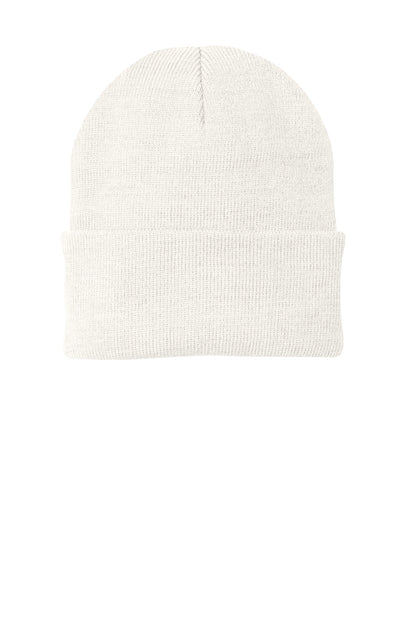 Front View of White Port Authority Knit Cap. CP90