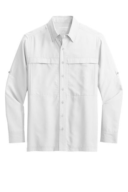 Front View of White Port Authority Long Sleeve UV Daybreak Shirt W960 plain