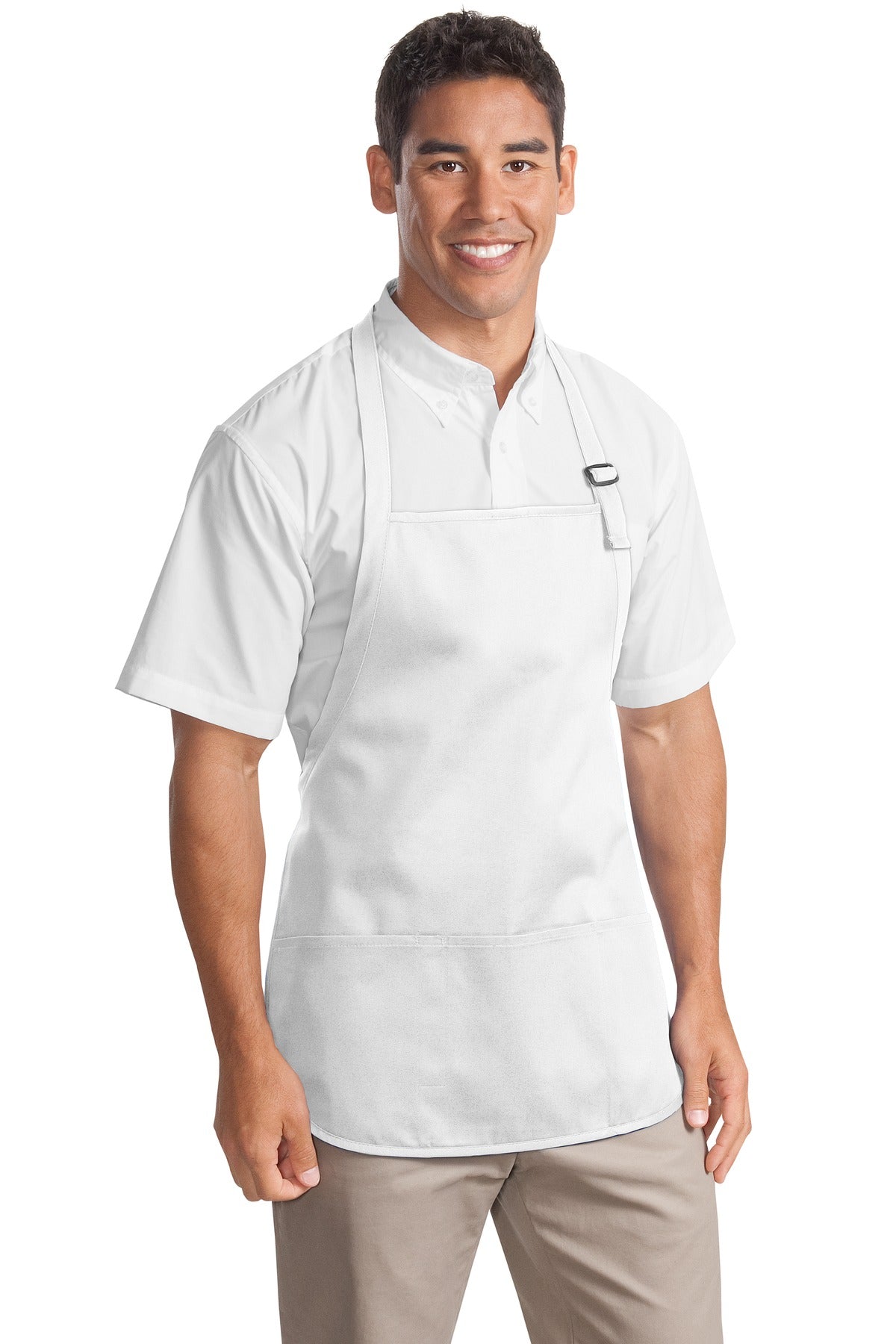 Front View of White Port Authority Medium-Length Apron with Pouch Pockets. A510 plain