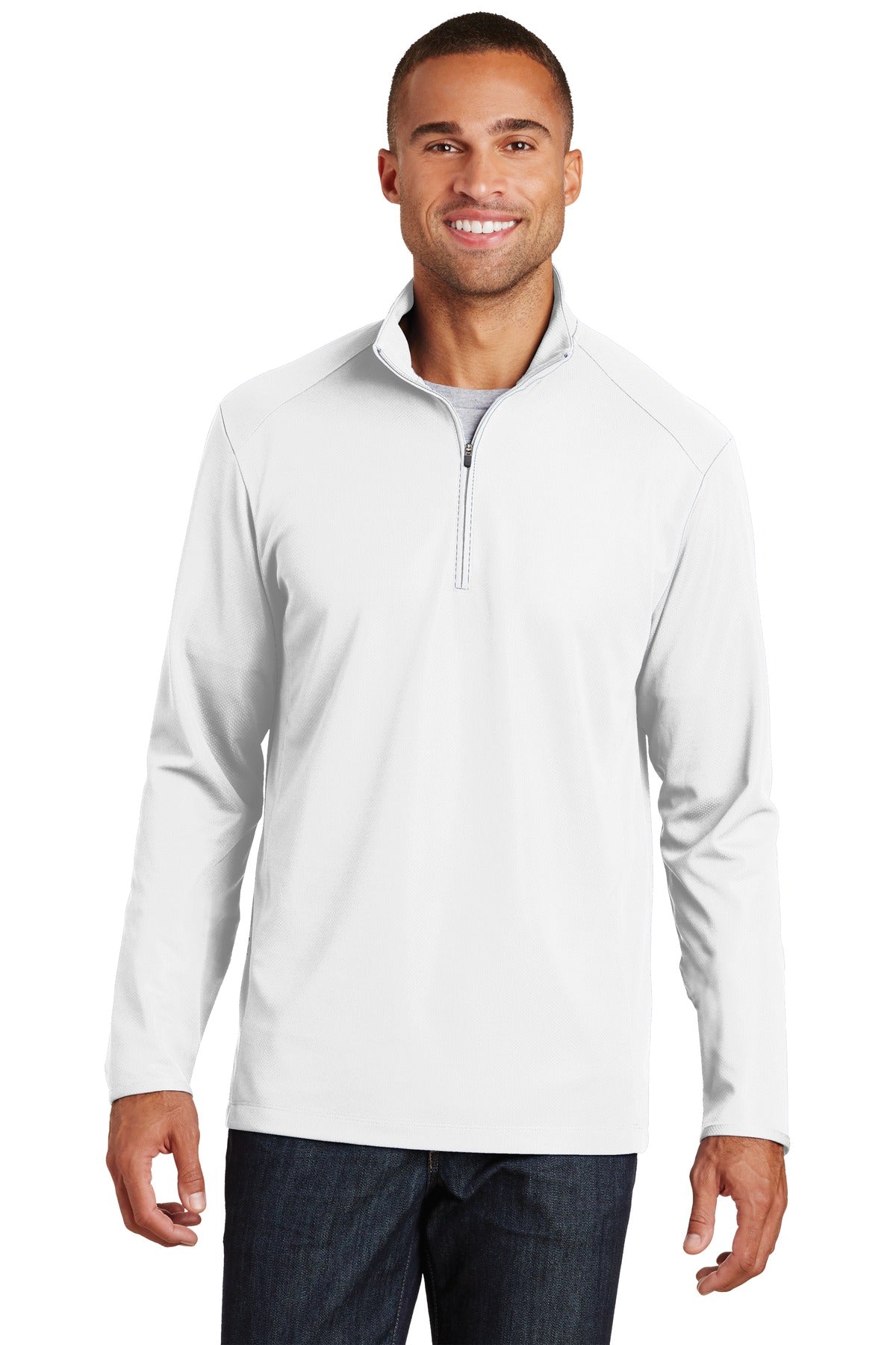 Front View of White Port Authority Pinpoint Mesh 1/2-Zip. K806 plain