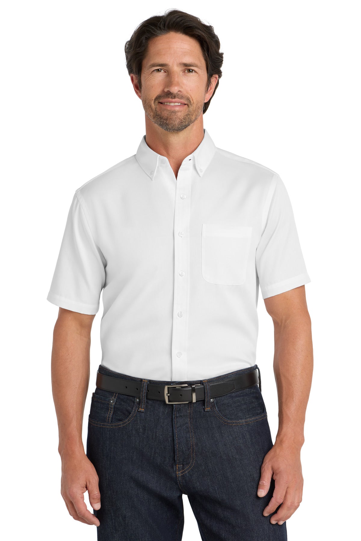 Front View of White Port Authority Short Sleeve SuperPro React Twill Shirt. W809 plain