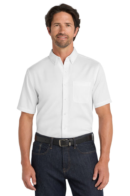 Front View of White Port Authority Short Sleeve SuperPro React Twill Shirt. W809 plain