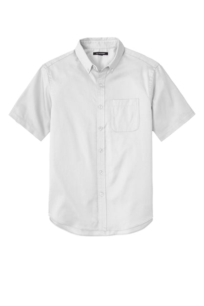 Front View of White Port Authority Short Sleeve SuperPro React Twill Shirt. W809 plain