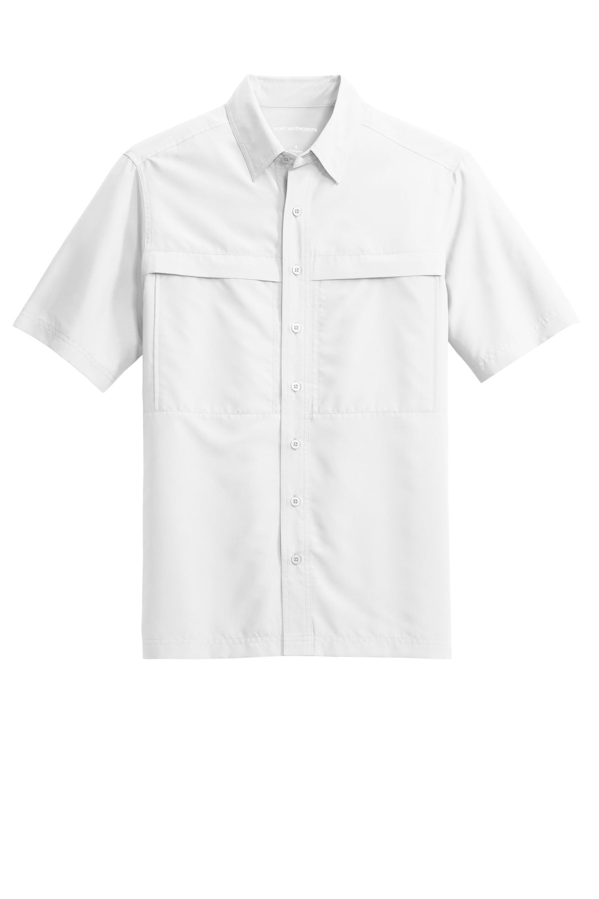 Front View of White Port Authority Short Sleeve UV Daybreak Shirt W961 plain