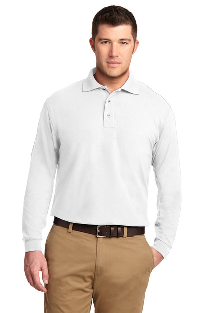 Front View of White Port Authority Silk Touch Long Sleeve Polo. K500LS plain