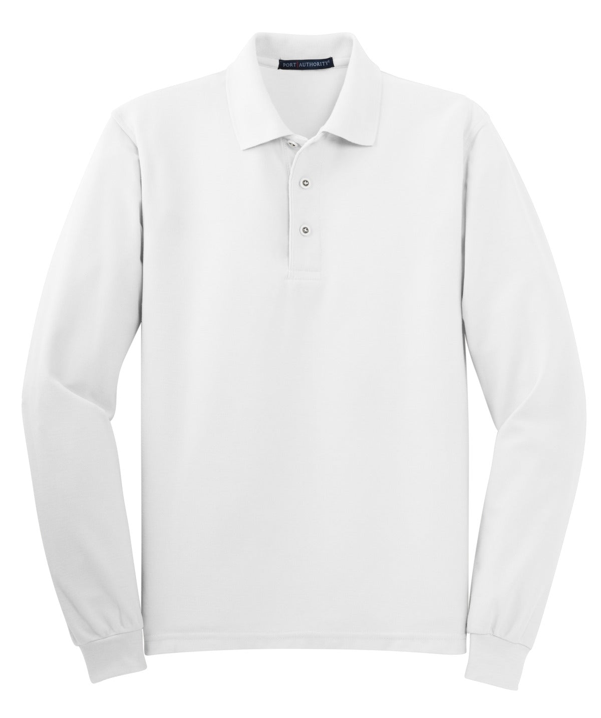 Front View of White Port Authority Silk Touch Long Sleeve Polo. K500LS plain