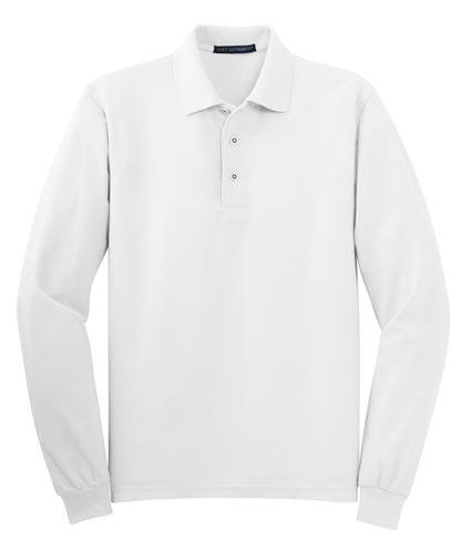 Front View of White Port Authority Silk Touch Long Sleeve Polo. K500LS plain
