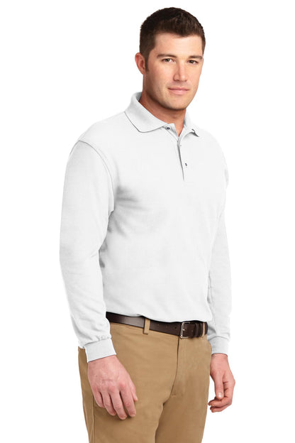 Front View of White Port Authority Silk Touch Long Sleeve Polo. K500LS plain