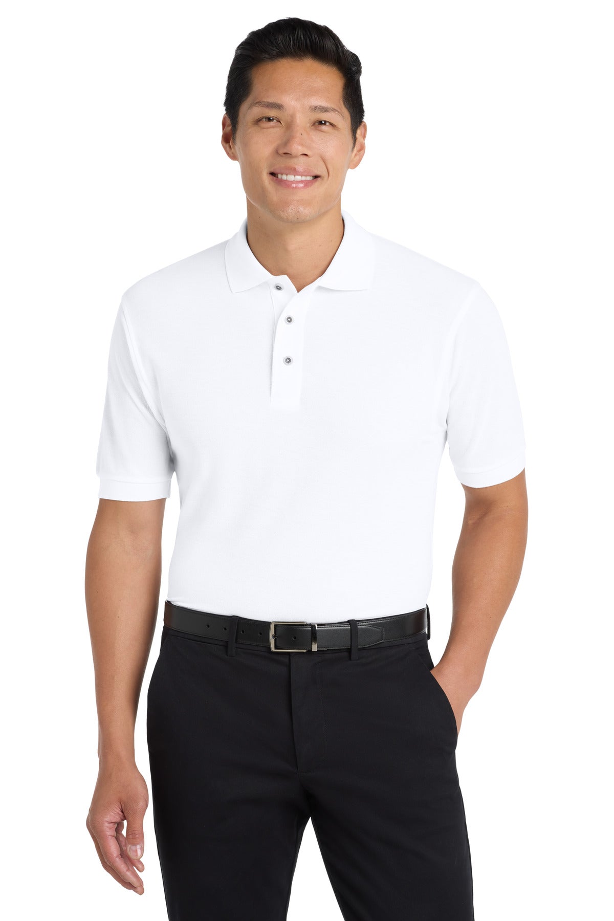 Front View of White Port Authority Silk Touch Polo K500 plain