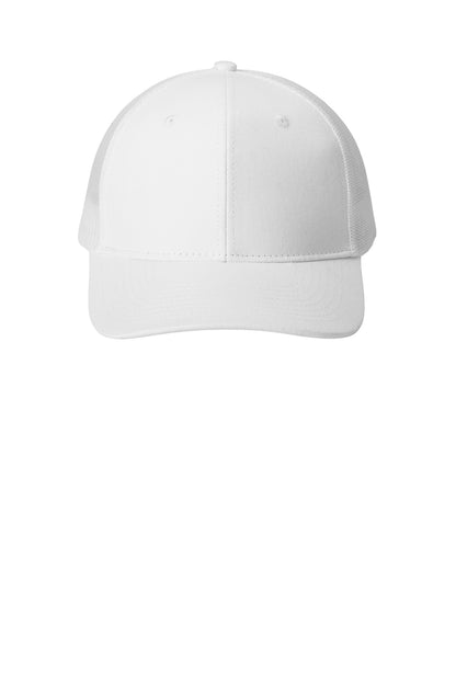 Front View of White Port Authority Snapback Trucker Cap. C402 plain