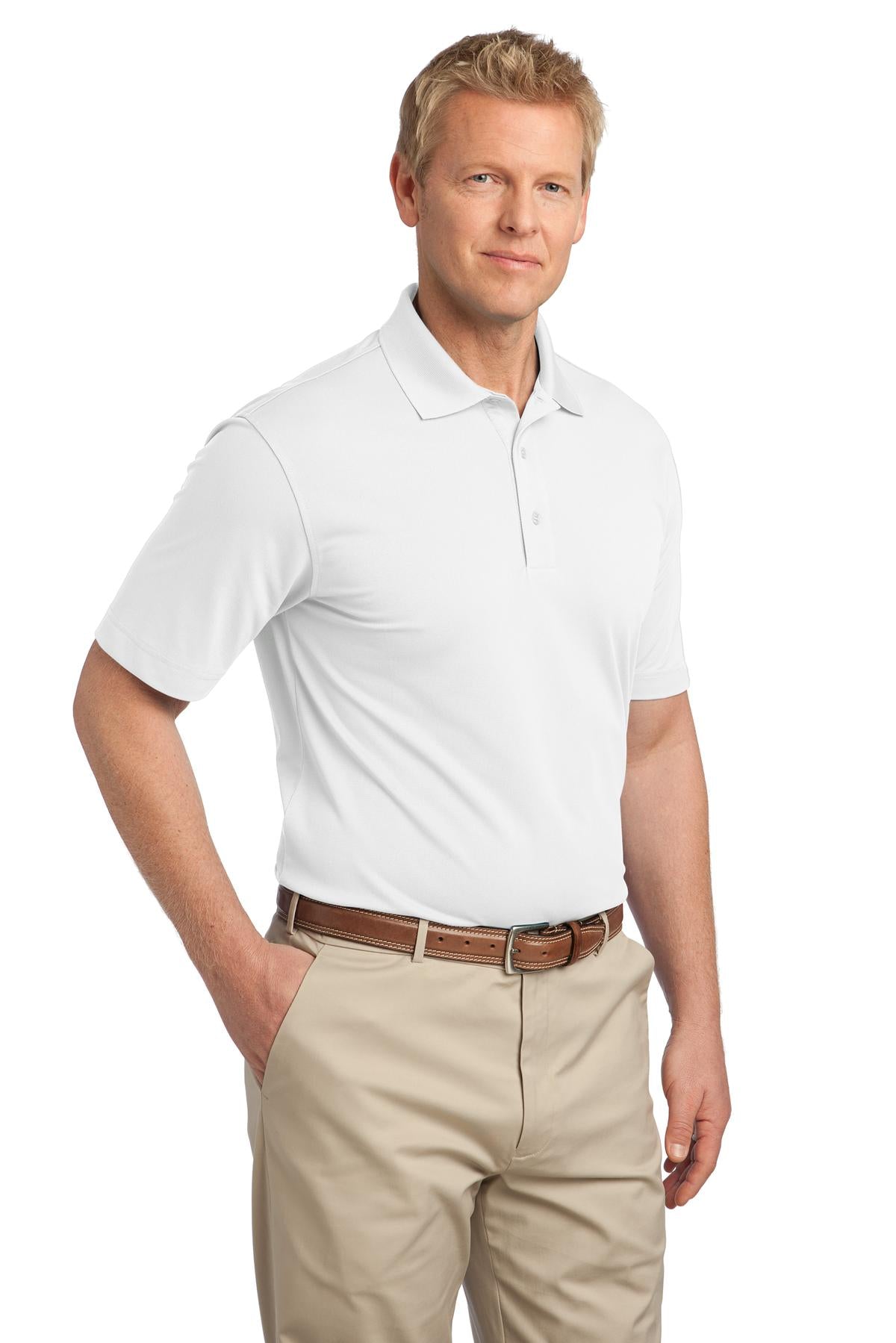 Front View of White Port Authority Tech Pique Polo. K527 plain