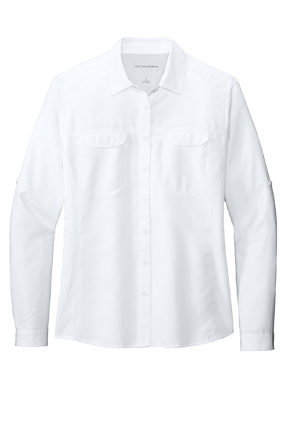 Front View of White Port Authority Women's Long Sleeve UV Daybreak Shirt LW960