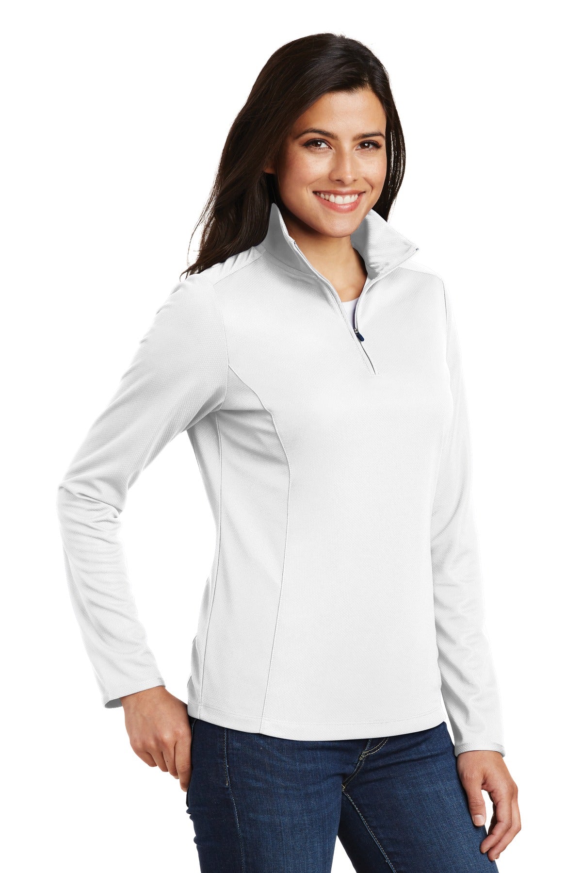 Front View of White Port Authority Women's Pinpoint Mesh 1/2-Zip . L806 plain