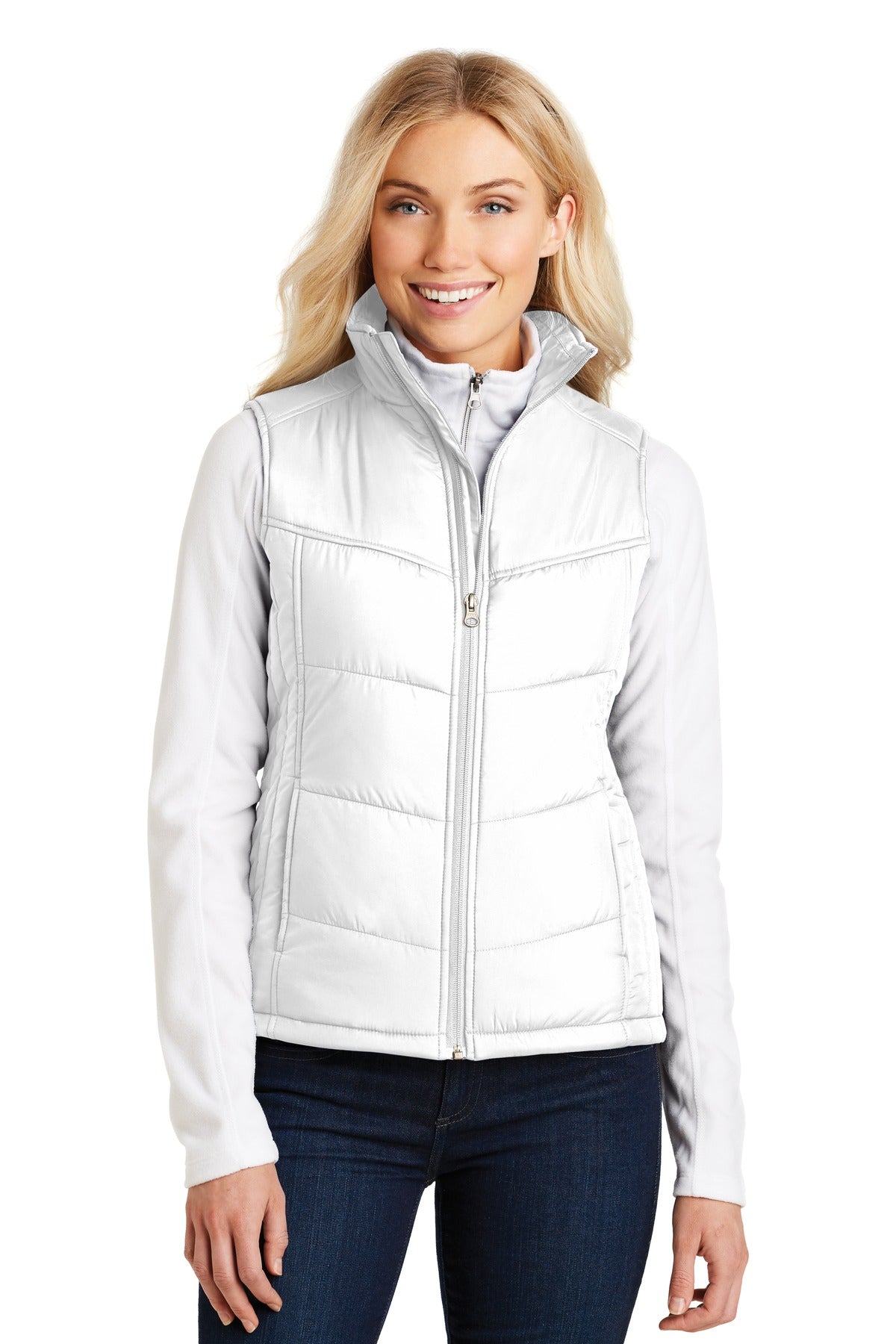 Front View of White Port Authority Women's Puffy Vest. L709 plain