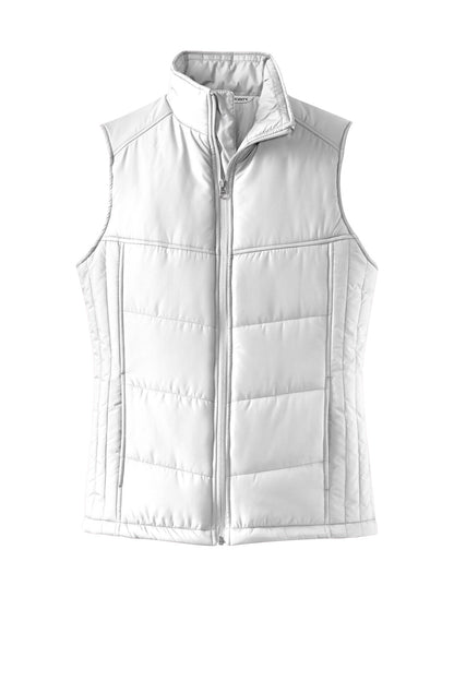 Front View of White Port Authority Women's Puffy Vest. L709 plain