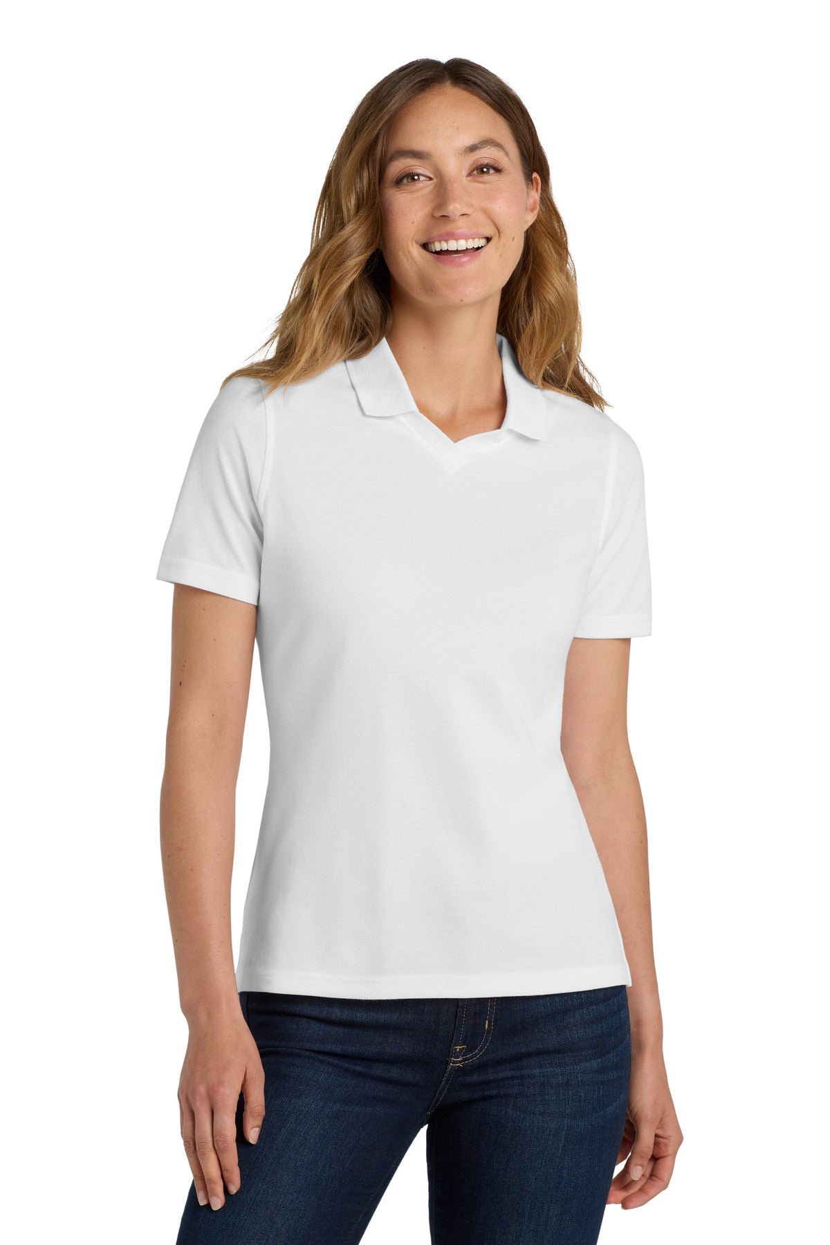 Front View of White Port Authority Women's Rapid Dry Polo. L455 plain