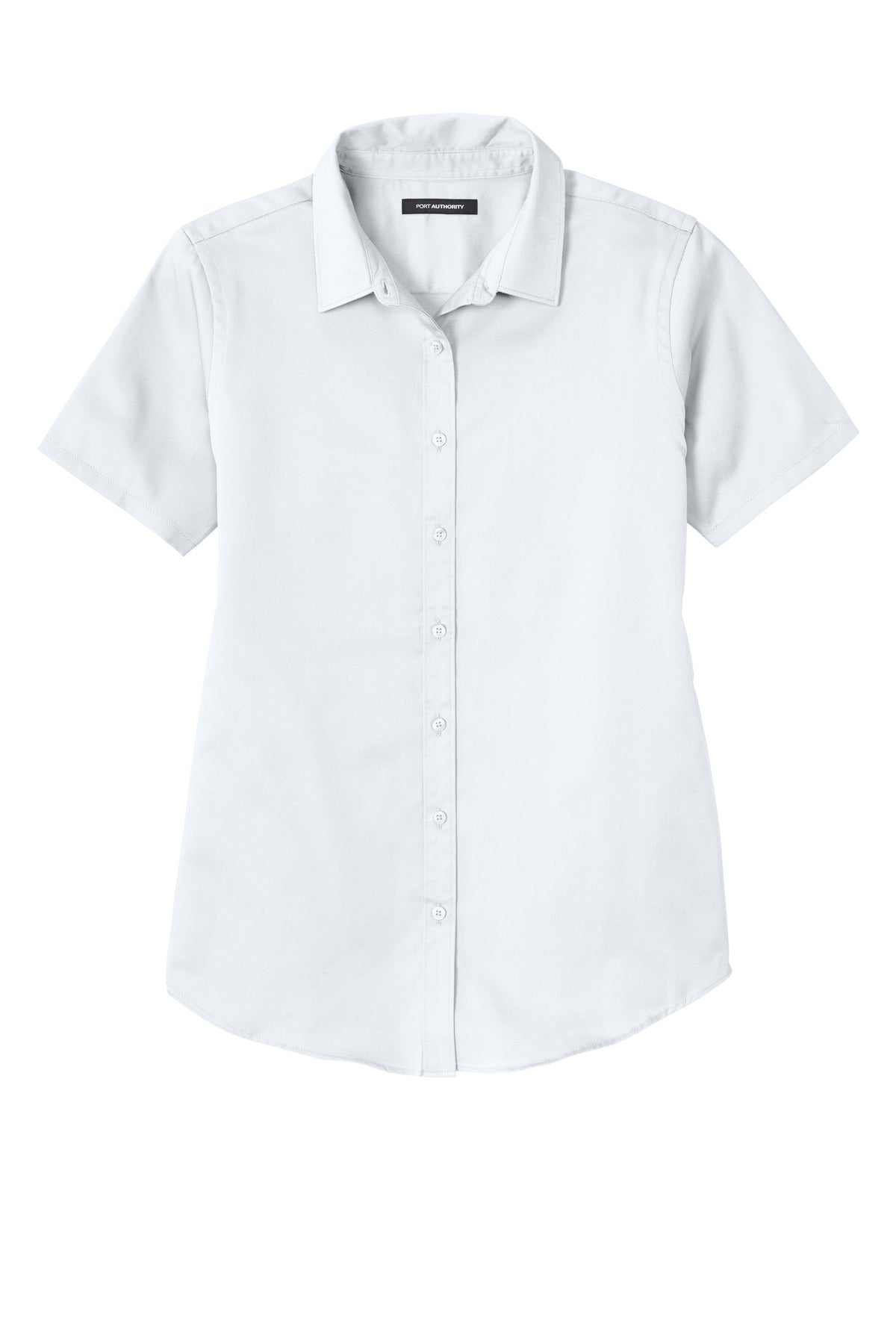 Front View of White Port Authority Women's Short Sleeve SuperPro React Twill Shirt. LW809 plain