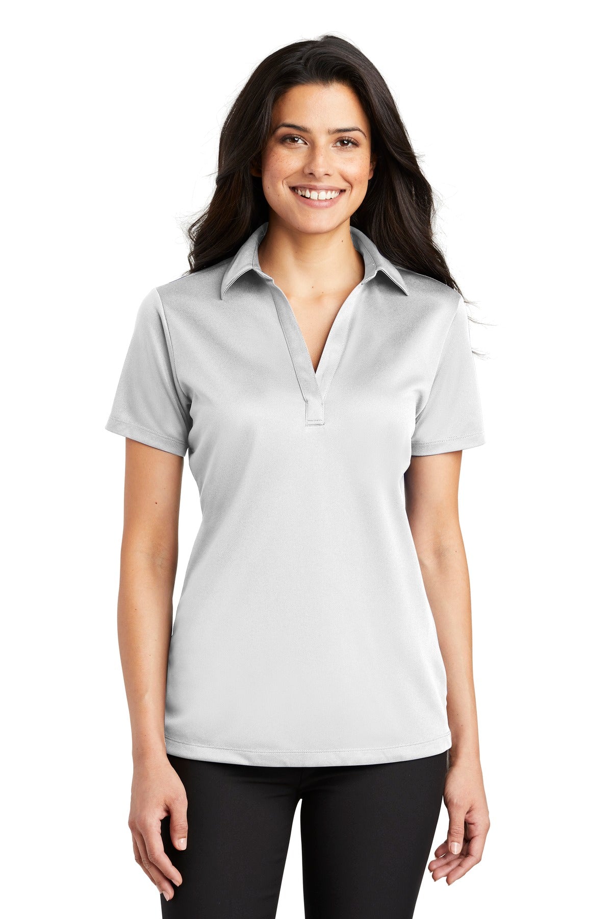 Front View of White Port Authority Women's Silk Touch Performance Polo. L540 plain