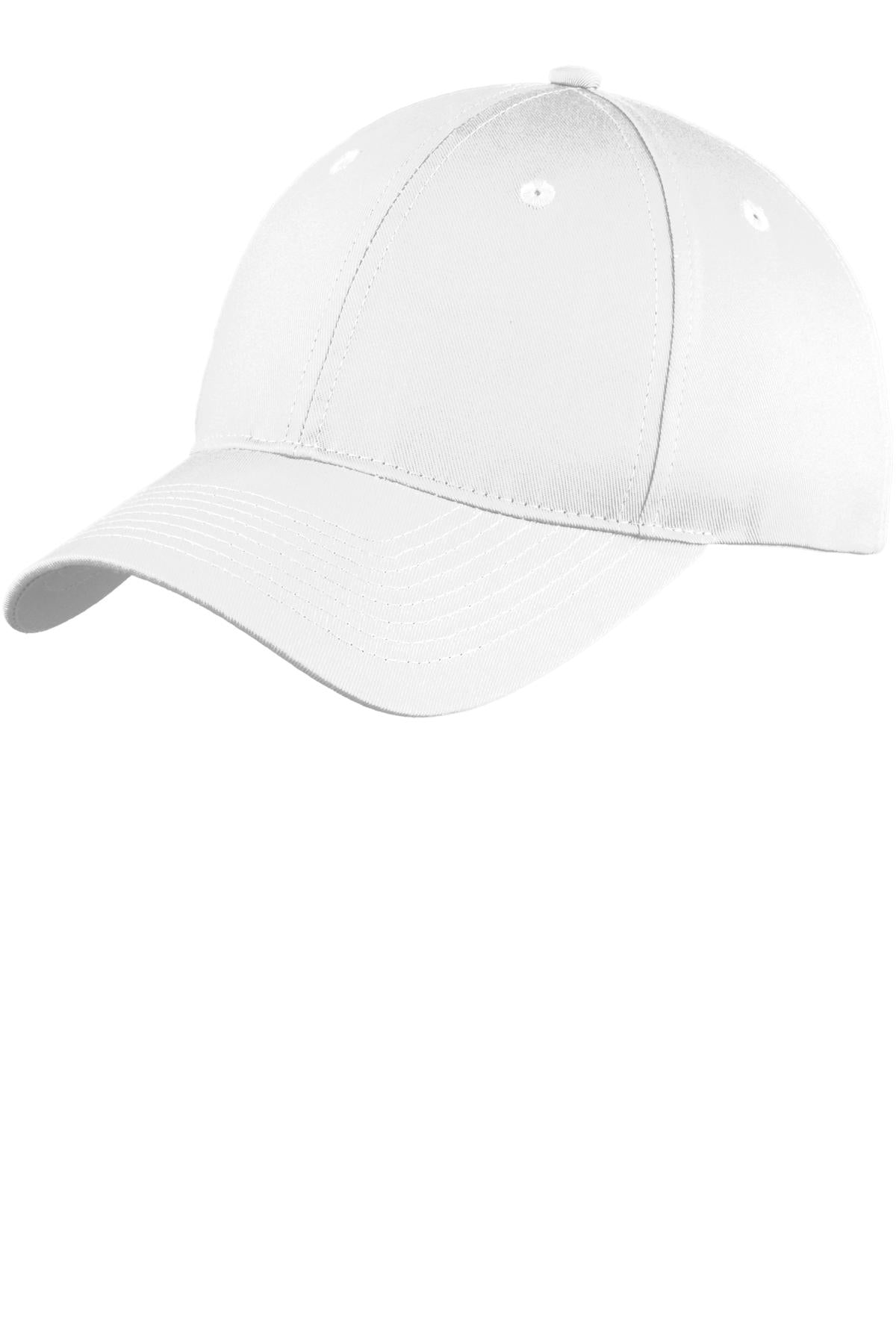Front View of White Port Authority Youth Six-Panel Unstructured Twill Cap. YC914 plain