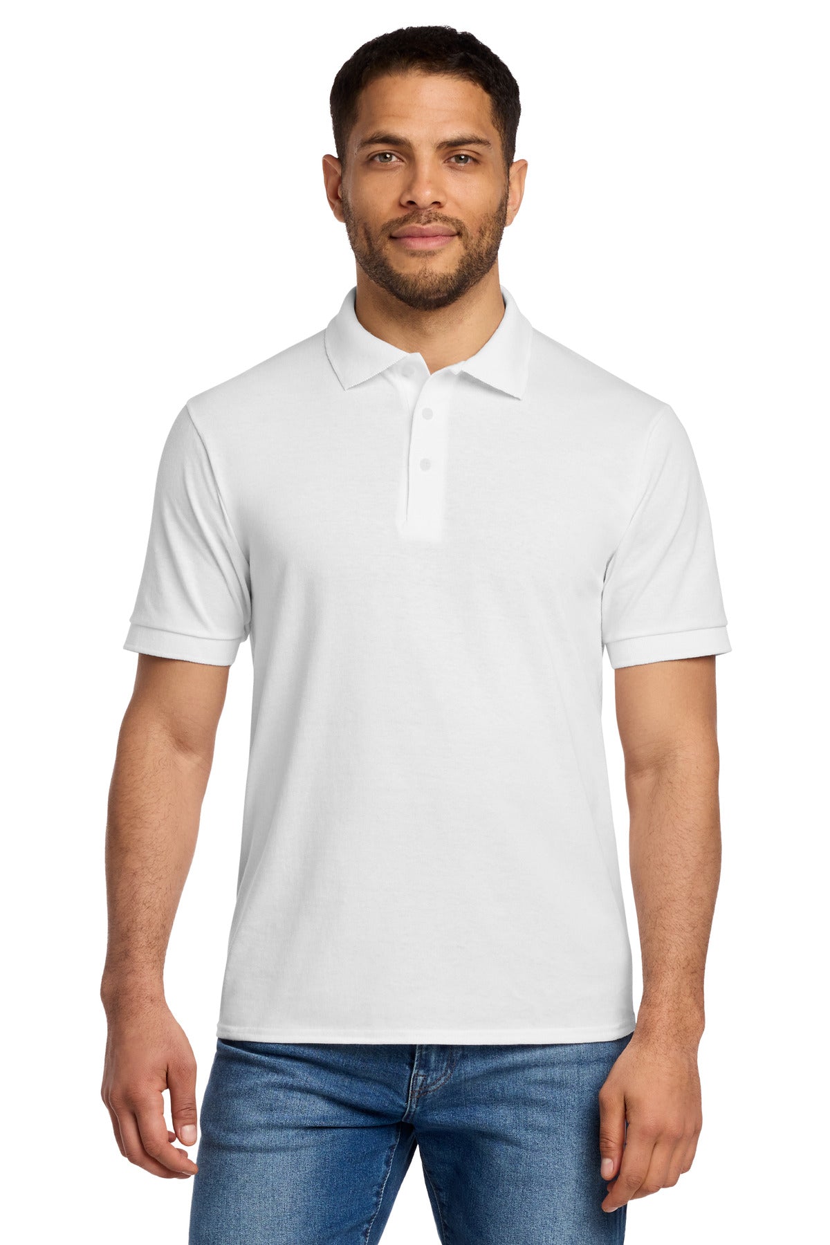 Front View of White Port & Co Core Blend Jersey Knit Polo. KP55 plain