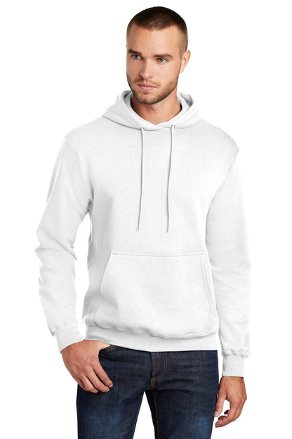 Front View of White Port & Co Core Fleece Pullover Hooded Sweatshirt. PC78H plain