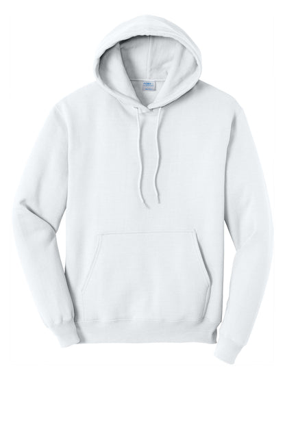 Front View of White Port & Co Core Fleece Pullover Hooded Sweatshirt. PC78H