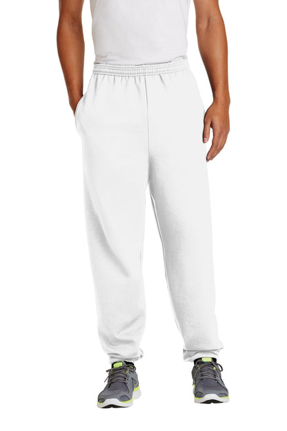 Front View of White Port & Co Essential Fleece Sweatpant with Pockets. PC90P plain